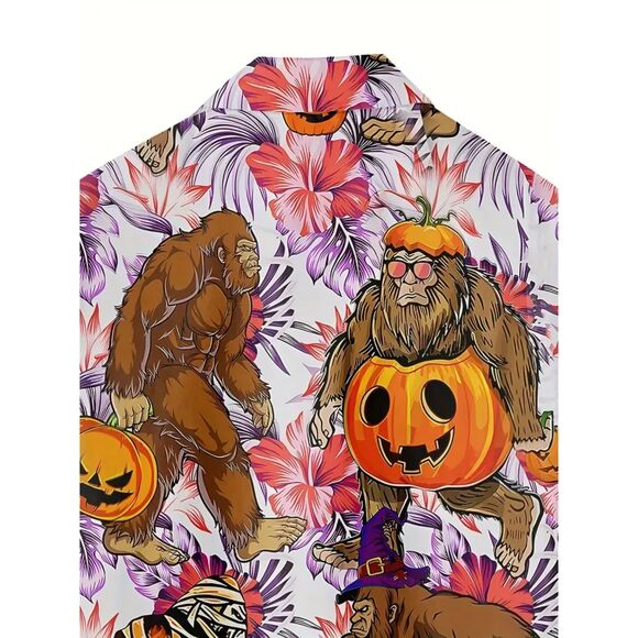Sasquatch Big Foot Hawaiian Halloween Fall Button Down Casual Men's Shirt XXL #L - Picture 5 of 5
